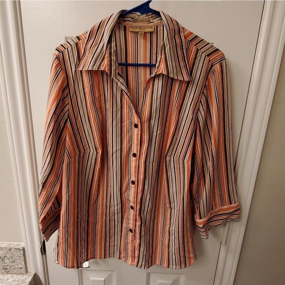 Notations striped stretch button down shirt plus size 2X